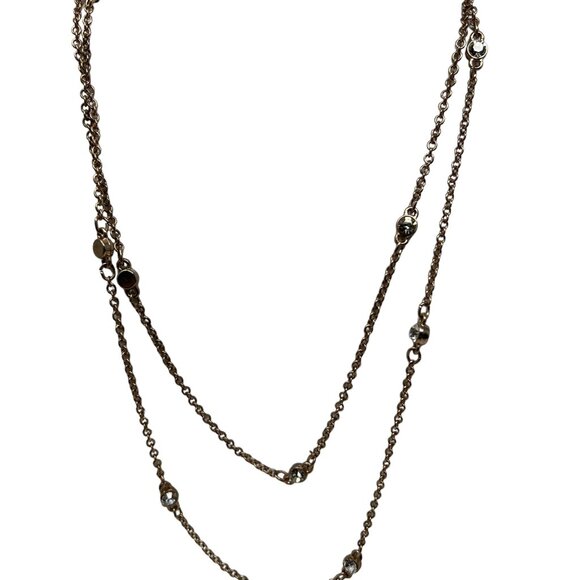 Express Necklace Long Rose Gold Tone Two Strand Rhinestone Stations - Picture 6 of 7